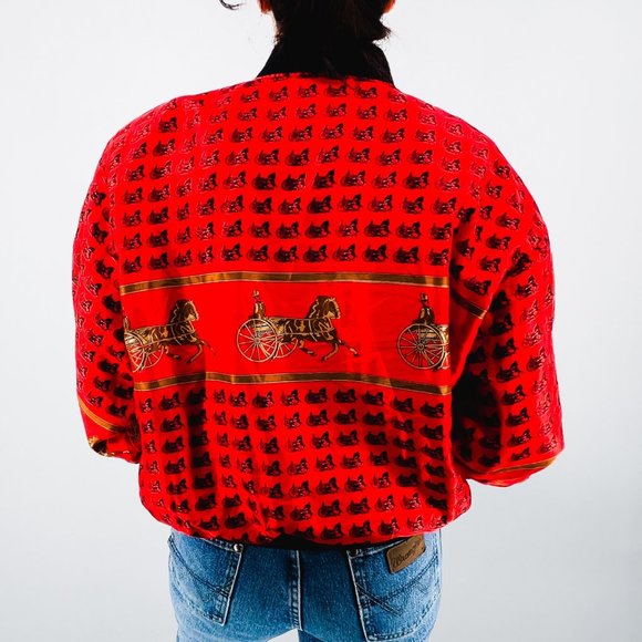 Vintage Red & Black Light Weight Novelty Horse Chariot Bomber Jacket - Size L - Picture 3 of 8